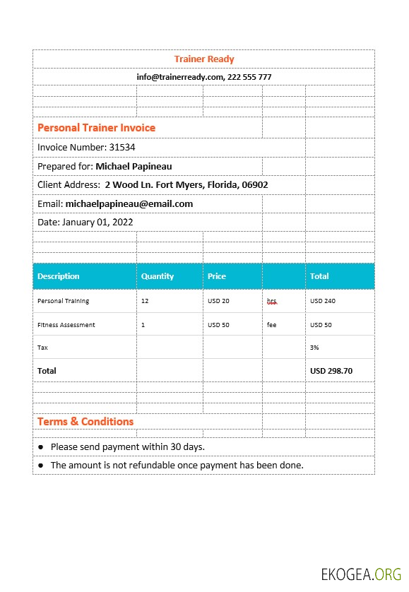 Modèle de facture d'entraîneur personnel